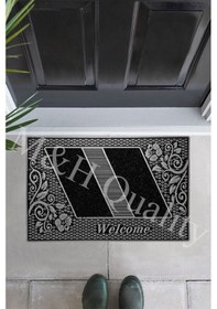 Resim Çiçekli Modeli Welcome Yazlı Kapı Önü Paspası Gri Rengi Gri 