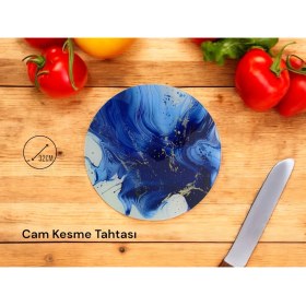 Resim Cam Kesme Tahtası* Mutfak Tahtası 32 cm Beton Mavisi Altın Görünümlü 