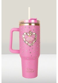 Resim Pipetli 1,2 Litre Kulplu Çelik Termos Renkli Üzeri Taş İşlemeli - Pembe Pembe 