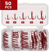 Resim 50 adet Balıkçılık Üçlü Kancalar Kiti Yüksek Karbon Çelik Kancalar Güçlü Keskin Yuvarlak Büküm Yemler Tuzlu Su Tatlı Su Balıkçılığı için 