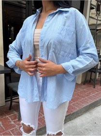 Resim Mavi Cepli Oversize Viskon Gömlek Mavi 