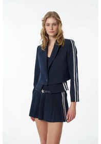 Resim Quzu Yazı Şeritli Tek Düğmeli Crop Blazer Lacivert Kadın Ceket Ckt00121 Lacivert 