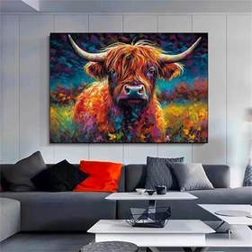 Resim Renkli Boyanmış İskoç Dağ İneği Sanatı, Ev Dekoru İçin Kanvas Baskı 