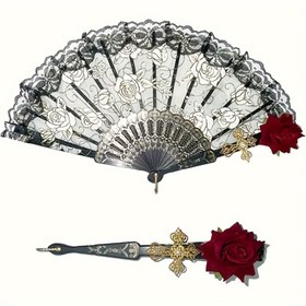 Resim Şık Siyah Vintage İspanyol Flamenko Gül Dantel Katlanır Yelpaze - Detaylı Çiçek Desenli, Altın Vurgulu ve Kırmızı Güllerle Elde Taşınabilir Yelpaze, Partiler, Düğünler & Ev Dekoru için Mükemmel, Klasik Zanaat 