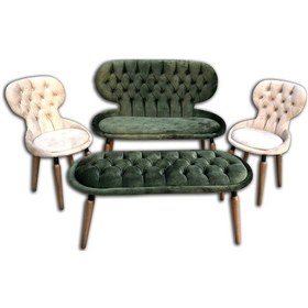 Resim Berjer ÇAYSET Model Takım Metal İskelet Kayın RETRO ayak Kapitone Kalite Kumaş Döşem El Yapım 