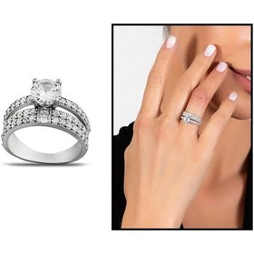 Resim Zirkon Taşlı Çift Sıra Tasarım 925 Ayar Gümüş Kadın Tektaş Yüzük (475776772) 