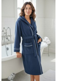 Resim % 100 Pamuklu Laodikeia Kapşonlu Unisex Kadın Erkek Bornoz Lacivert 