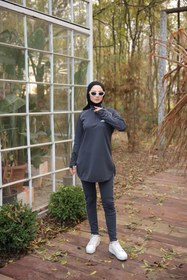 Resim MiMi Moda Kadın Dalgıç Kumaş Yarım Patlı Fermuarlı Jogger Eşofman Spor Takımı - Fume / 2XL 