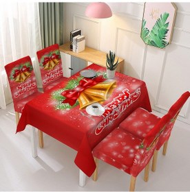 Resim 140x140cm Noel Noel Baba Çan Baskılı Leke Tutmaz Masa Örtüsü 4 Sandalye Kapaklı Mutfak Masa Dekorasyonu - Kırmızı Çan 