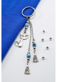 Resim Gümüş Renkli Püsküllü Mavi Nazar Boncuklu Kedili Anahtarlık, Salk 