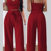 Resim Kadınların şık omuz üstü ve geniş paça pantolon takımı, polyester 100%, düz renk, düzenli fit, kemer detay, dokuma kumaş, 100g/m², bahar/sonbahar koleksiyonu 