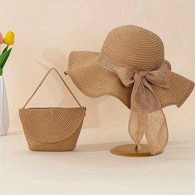 Resim 1 adet/2 adet Kahverengi Kurdele Süslemeli Güneş Şapkası Çapraz Vücut Çantası, 1 adet Katlanabilir Geniş Kenarlı Hasır Şapka ve 1 adet Minimalist Çanta Kavrama 