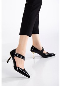 Resim Dilimler Ayakkabı Kadın Stiletto Siyah Rugan Baretli İnce Topuklu-3637 Siyah 