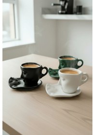 Resim Mithra Life 6 Adet 110 Ml Siyah Beyaz Yeşil Yüz Seramik Türk Kahvesi Fincan Takımı Mıt1313 Siyah - Beyaz 