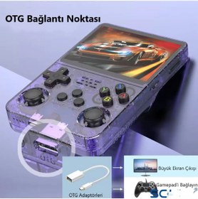 Resim TECHNOMEN 3.5 Inç OTG Çıkışlı Taşınabilir Retro Oyun Konsolu 15000+ Oyunlu El Atari Şeffaf Mor R36S 