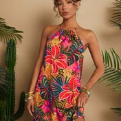 Resim Kadınların Modası Off-Shoulder Strapless Tropikal Baskılı Elbise - Canlı Çiçek Deseni, Yetişkinler İçin Kolsuz Kayma Elbisesi, Tüm Mevsimler İçin Giyim, Rahat Kıyafet|Tropikal Baskılı Elbise|Strapless Yaka, Çiçek Desenli Elbise 