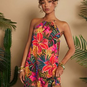 Resim Kadınların Modası Off-Shoulder Strapless Tropikal Baskılı Elbise - Canlı Çiçek Deseni, Yetişkinler İçin Kolsuz Kayma Elbisesi, Tüm Mevsimler İçin Giyim, Rahat Kıyafet|Tropikal Baskılı Elbise|Strapless Yaka, Çiçek Desenli Elbise 