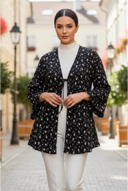 Resim Aişe tesettür Siyah Çiçekli Önü Bağlamalı Kimono Tunik / Likralı Yazlık Kumaş 