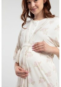 Resim Pierre Cardin 9009 Hamile Lohusa Sabahlıklı Kısa Kollu Pijama Takımı - Krem 