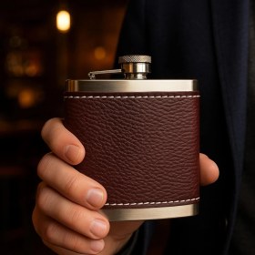 Resim Mena Rise 5 OZ-150 cc Hunili Kahve Brown Deri Kılıf Çelik Viski Içki Konyak Matarası 