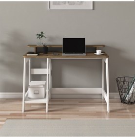 Resim Country Ergonomik Çalışma Masası, Modern Bilgisayar Masası - Beyaz/Antik Ceviz 