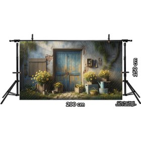 Resim Venspor Rustik Mavi Kapı ve Sarı Çiçeklerle Süslü Bahçe Temalı Arkaplan 200x150cm Fon Duvar Örtüsü 