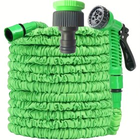 Resim 3X Uzatılabilir Bahçe Hortumu, 7'li Ayarlı Nozul ile 7.5/15/30 Metre Uzayabilen Su Borusu, Sağlam Yapılı, Bahçeleri Sulamak, Arabaları Yıkamak ve Evcil Hayvanları Temizlemek için Uygun, Çim Sulama İçin Esnek Yeşil Hortum Bağlantı Parçası 
