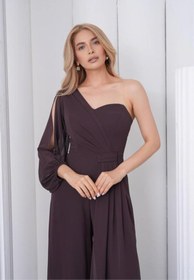 Resim Neşeli Butik kadın kahverengi tek kol astarlı tül kumaş tasarım abiye tulum NBS9389 