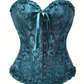 Resim Kadın Derin Yeşil Çiçek Desenli Korseli Üst - Önce Düğmeli, Dantel Detaylı, Fırfırlı Etek Ucu, Büzgülü Bel, Uzun Kollu, Esnek & Makinede Yıkanabilir, Günlük veya Resmi Giyim İçin Mükemmel, Resmi Kıyafet, Şık Tasarım, Dayanıklı Kumaş 