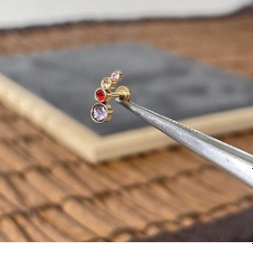 Resim %100 Cerrahi Çelik Dörtlü Mi X 2 Taş Altın Tragus Heli X Conch Piercing Altın 