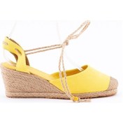 Resim Gerçek Elişi Bilekten Bağcıklı Topuğu Açık Dolgu Topuk Sarı Keten Hasır Espadril Handmade Sarı 