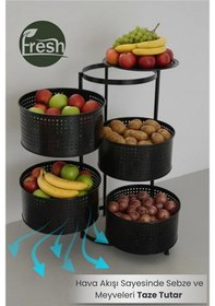 Resim 4 Katlı Tepsili Metal Sebzelik Açılır Metal Patates Soğan Meyvelik Sepeti Rafı Siyah Siyah 