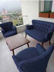 Resim Azra Mobilya Çay Seti Koltuk Takımı - Keten Kumaş - Ahşap Ayak - Gürgen Iskelet - Mavi Mavi 