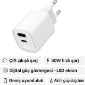 Resim Dijital Göstergeli 30W Usb-C + Usb-A Gan Hızlı Şarj Adaptörü Seyahat Dostu, Ultra Güvenli 