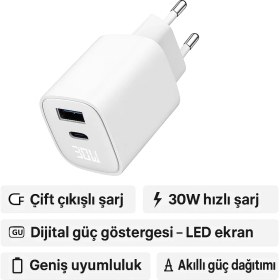 Resim Dijital Göstergeli 30W Usb-C + Usb-A Gan Hızlı Şarj Adaptörü Seyahat Dostu, Ultra Güvenli 