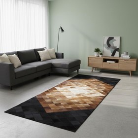 Resim Açık Kahverengi Merkezli Siyah Köşeli Dana Derisi Patchwork - 80x200 cm 