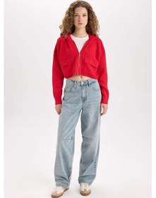 Resim DeFacto Regular Fit Kapüşonlu Basic Düz Fermuarlı Triko Hırka E2270AXNSRD335 Kırmızı 