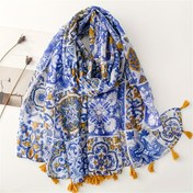 Resim Kadınların Bohem Tarzı Mavi Çiçekli Baskılı Askılı Şal - Bahar/Yaz, Rahat Seyahat ve Tatil Kapağı için Yumuşak Polyester Plaj Sarımı, Hafif ve Şık Tasarım, Plaj Kapağı | Bohem Tarzı | Hafif Kumaş 
