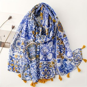 Resim Kadınların Bohem Tarzı Mavi Çiçekli Baskılı Askılı Şal - Bahar/Yaz, Rahat Seyahat ve Tatil Kapağı için Yumuşak Polyester Plaj Sarımı, Hafif ve Şık Tasarım, Plaj Kapağı | Bohem Tarzı | Hafif Kumaş 