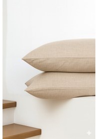 Resim Vevra Çizgili Bej Düz Renkli 2 Li Yastık Kılıfı Pamuklu Kumaş Fermuarlı Bej 