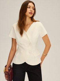 Resim Çift Sıralı Kısa Kollu Blazer - Beyaz / XL 