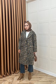 Resim Leopar Desen Kaşe Kaban Kahverengi 2033-KAHVERENGI - 2 Beden 