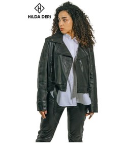 Resim Hilda Deri Emery Biker Tarzı Siyah Oversize Hakiki Kuzu Derisi Kadın Ceket 001 