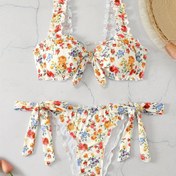 Resim Çiçek Desenli ve Kulak Bağcıklı Askılı Kadın Bikini Takımı 
