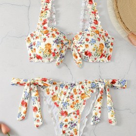 Resim Çiçek Desenli ve Kulak Bağcıklı Askılı Kadın Bikini Takımı 