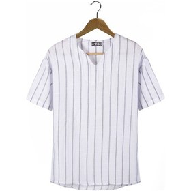 Resim Erkek Beyaz Açık V Yaka Oversize Rahat Kalıp Kısa Kollu Çizgili Keten Gömlek 22y-4300636 Beyaz 