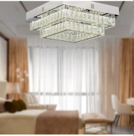 Resim Modina 2 Katlı Krom Ledli 3 Renkli 70 Watt Kristalli Taşlı Modern Tasarım Led Kristal Salon Avize Krom 