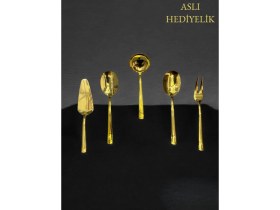 Resim Şık 5 Parça Paslanmaz Çelik Gold Servis Takımı, Çeyizlik Set 