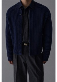 Resim Tarz Cool Lacivert Erkek Slim Fit Pamuklu Yuvarlak Yaka Düğmeli Hırka Lacivert 