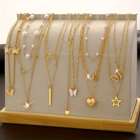 Resim 11 Parça Yaratıcı Moda Beş Noktalı Yıldız Sentetik Zirkonya Kelebek Elemanlı Sahte Kadın Çoklu Set Kolye, Plaj Tatili ve Dışarı Çıkma İçin Uygun Takı, Anneler Günü Hediyesi 